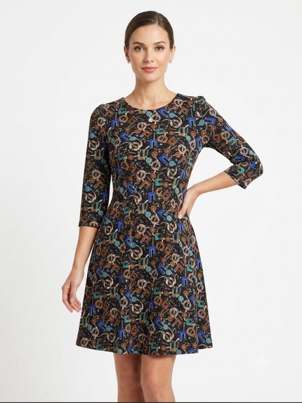 DanMunier Fit & Flare Dress NWT | Black Geometric Print, 3/4 Sleeve, Women’s
